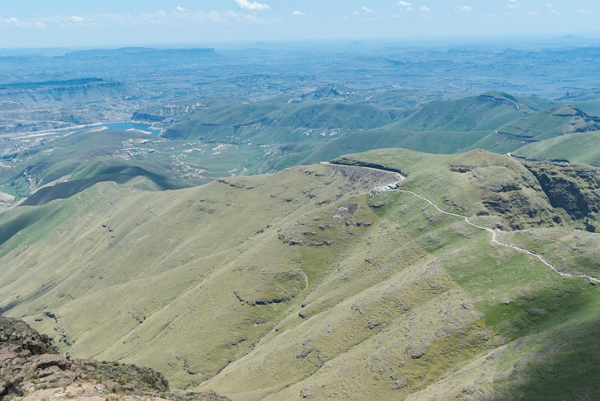 Royal Natal National Park. View from Sentinel Peak down to the car park. Bergville. .