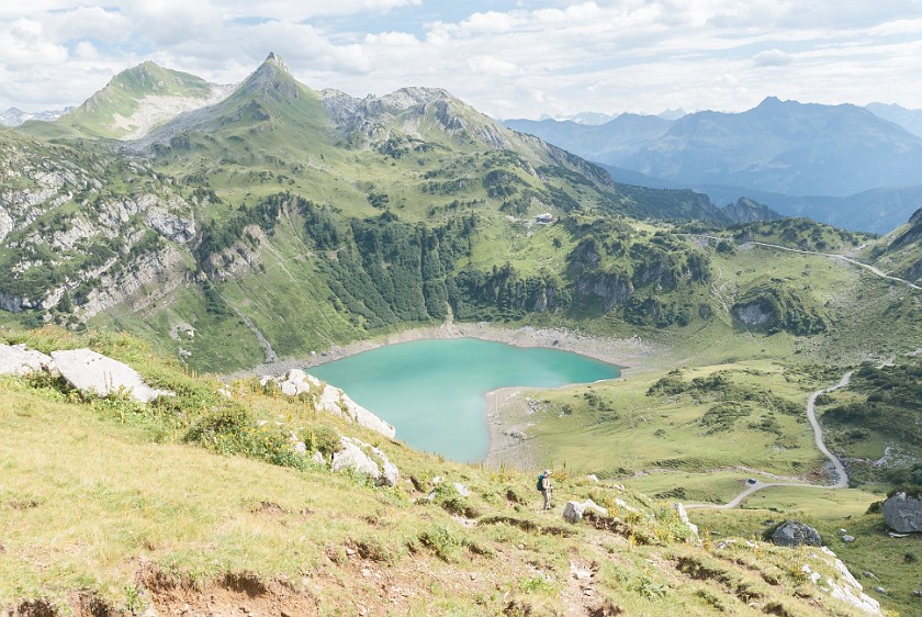 Hike to the Summit of the Rote Wand. Freiburger Hütte and Formarin lake. near Lech. .