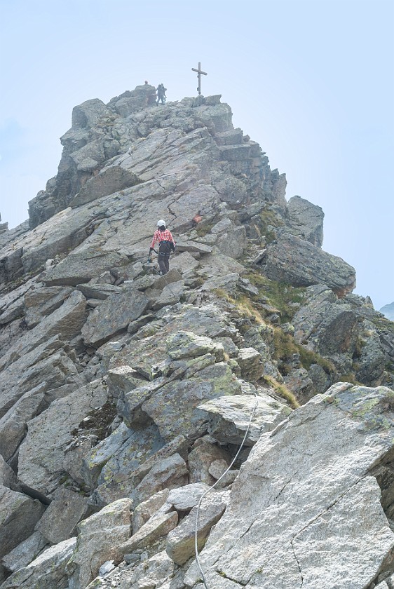 Klettersteig Kleinlitzner. Climbing with the summit in view. near Partenen. .