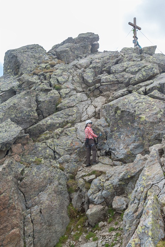 Klettersteig Kleinlitzner. Climbing with the summit in view. near Partenen. .