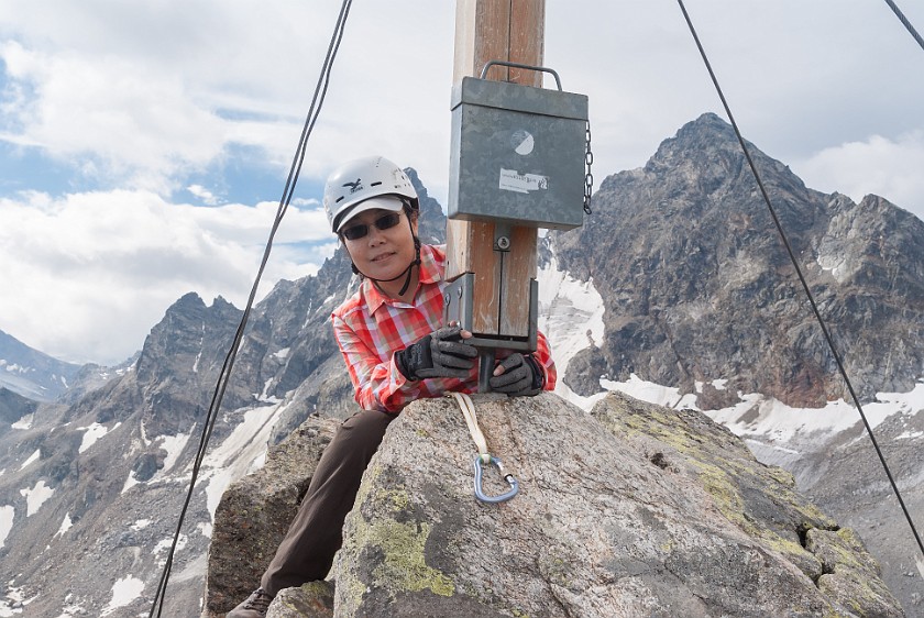 Klettersteig Kleinlitzner. Portrait at the summit. near Partenen. .