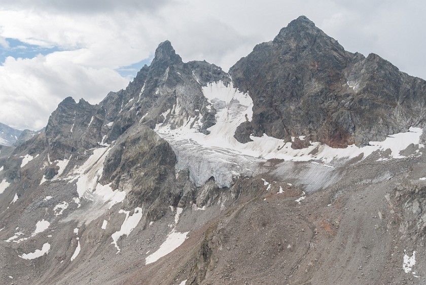 Klettersteig Kleinlitzner. View from the summit on the Litzner glacier, Großes Seehorn and Großlitzner. near Partenen. .