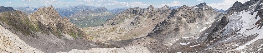 Hike to the Plattenjoch. Panoramic view on the Saarbrücker Hütte and Scharze Böden. near Partenen. .