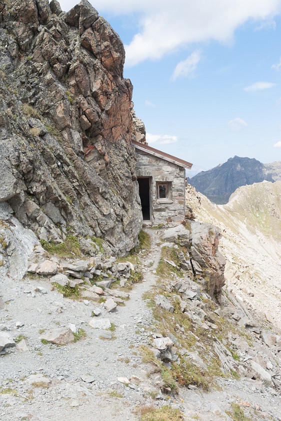 Hike to the Plattenjoch. Border hut at the Seelücke. near Partenen. .