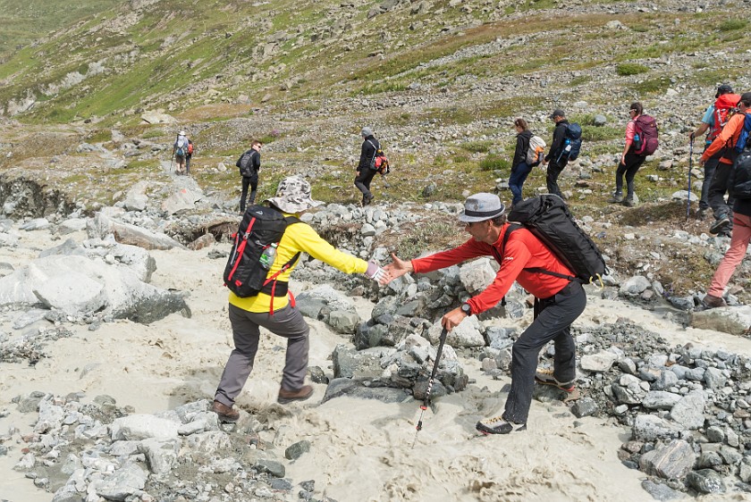 Jamtal Glacier Tour. Crossing the Jam brook. near Galtür. .