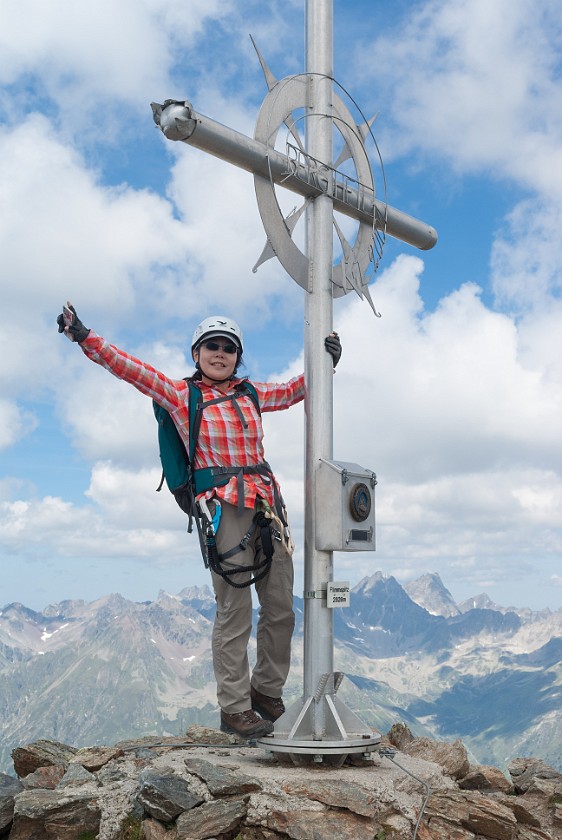Flimspitz Klettersteig. Portrait at the summit of the Flimspitze. Ischgl. .