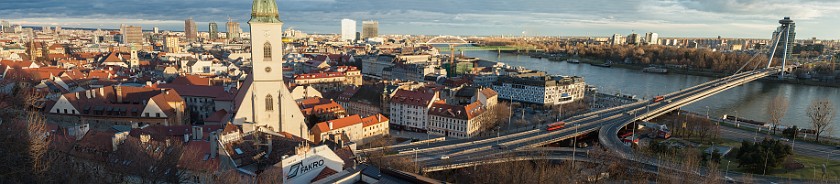Bratislava. Panoramic view from the castle on the historic center, St. Martin's cathedral and the Danube. Bratislava. .