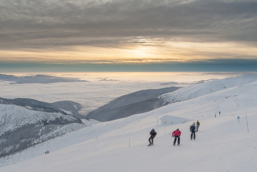 Skiing in the Jasna Low Tatras. Skiing at sunset. Horná Lehota. .