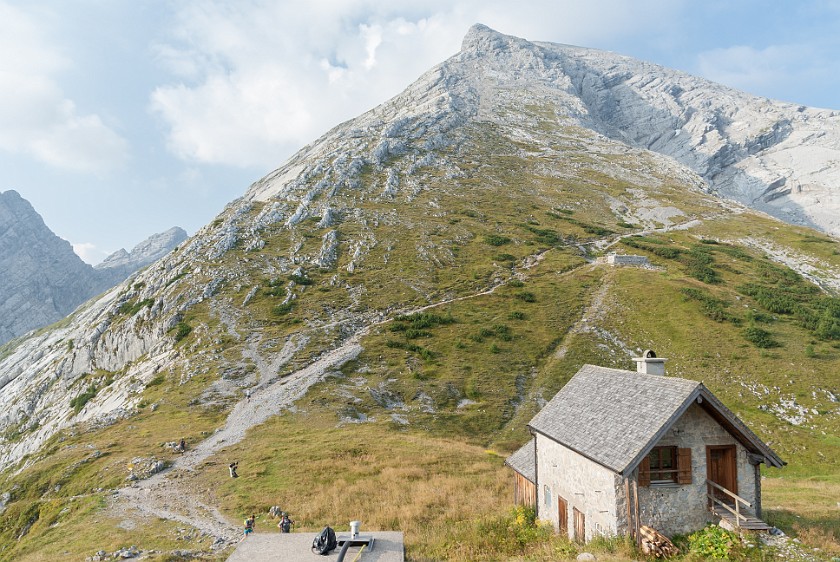 Hike to the Watzmann Central Summit. South-end of the Watzmann ridge with view to the Hocheck. near Berchtesgaden. .