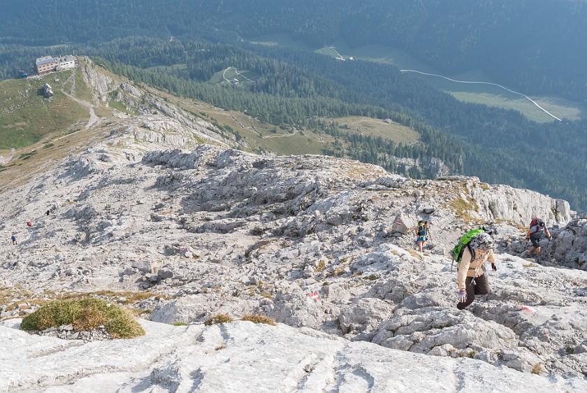 Hike to the Watzmann Central Summit. View from the ridge on the Watzmannhaus, Mitterkaseralm and Falzalm. near Berchtesgaden. .