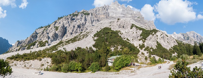 Hike to the Wimbachgrieshütte. Panoramic view on the Wimbachgrieshütte and Watzmann south summit. near Berchtesgaden. .