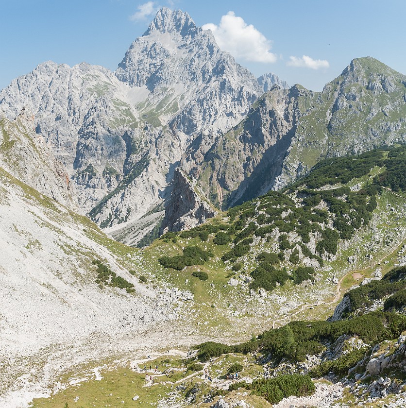 Hike to the Ingolstädter Haus. Panoramic view on the Trischübelalm and Watzmann south summit. near Berchtesgaden. .