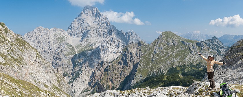 Hike to the Ingolstädter Haus. Panoramic view with portrait on the Watzmann south summit. near Berchtesgaden. .