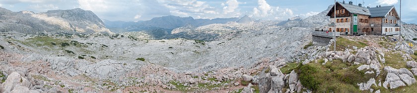 Hike to the Ingolstädter Haus. Panoramic view on Steinernes Meer and Ingolstädter Haus. near Berchtesgaden. .