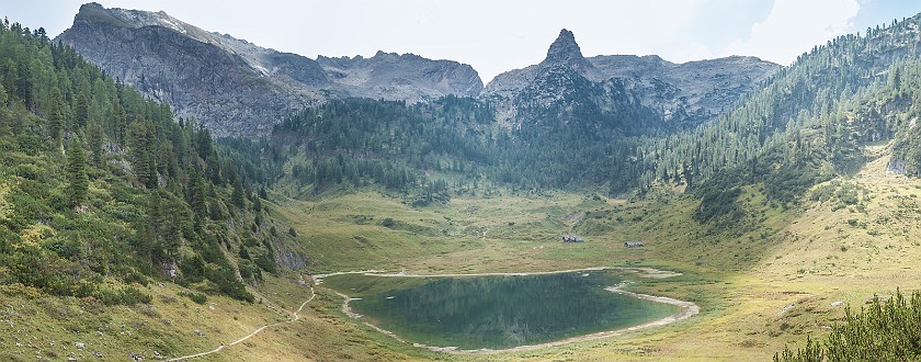 Hike to St. Bartholomä. Panoramic view on the Funtensee and Schönfeldspitze. near Berchtesgaden. .