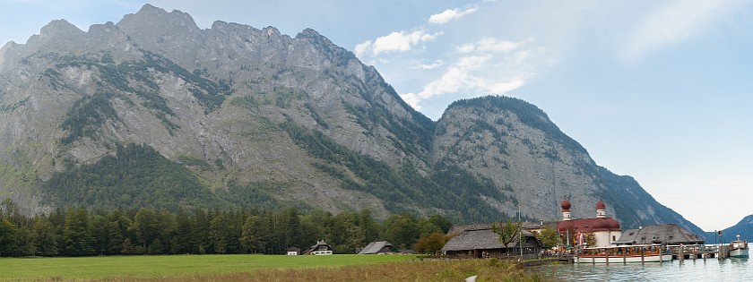Hike to St. Bartholomä. Panoramic view on St. Bartholomä and the Watzmann mountain. near Berchtesgaden. .