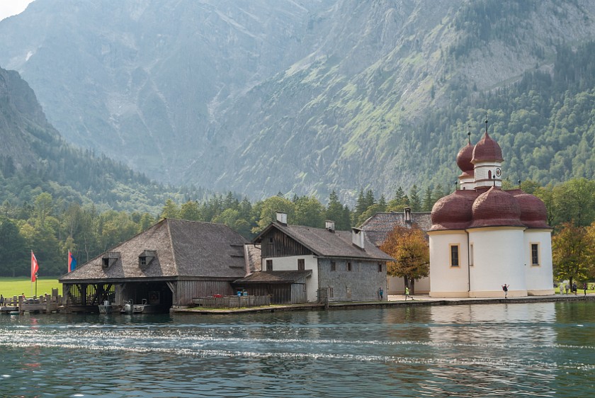 Hike to St. Bartholomä. St. Bartholomä church and fishery. near Berchtesgaden. .