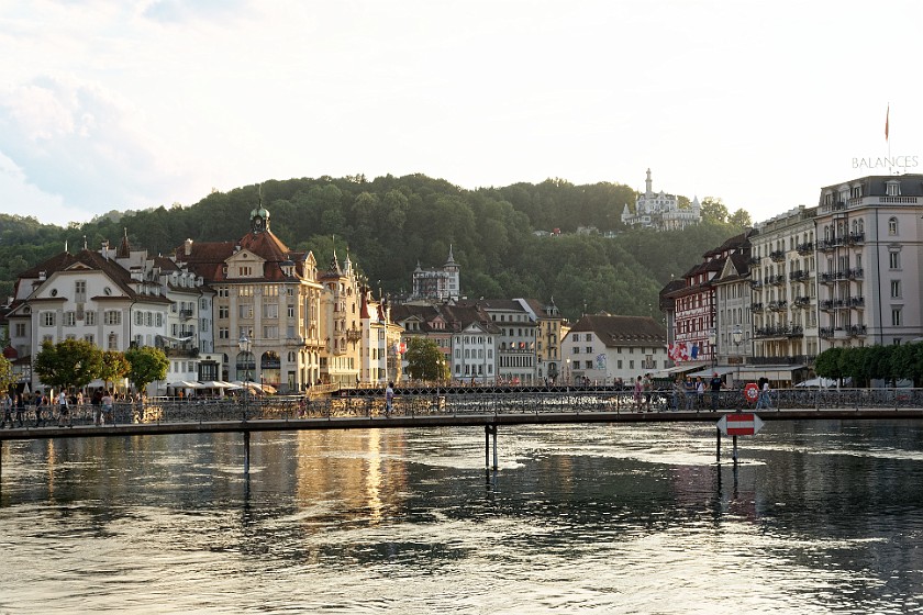Lucerne. View on the Rathaussteg and Hotel Château Gütsch. Lucerne. .