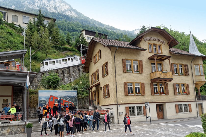 Mount Pilatus. Cogwheel railway station. Alpnachstad. .