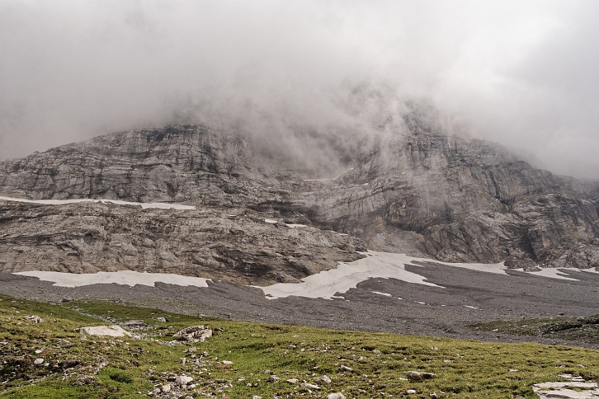 Eiger Trail . Eiger north face in the mist. near Grindelwald. .