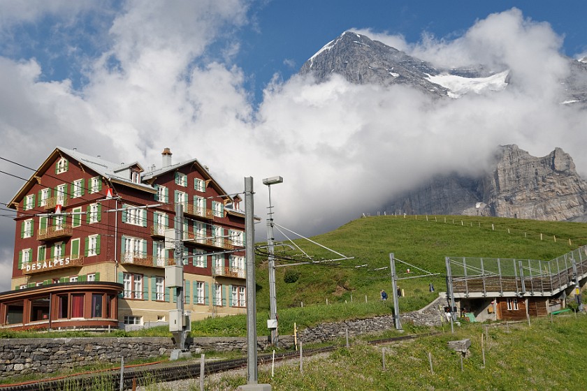 Rotsteckli Trail. Hotel at Kleine Scheidegg and view on the Eiger mountain. near Wengen. .