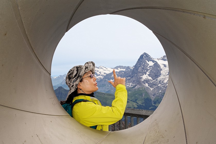 Schilthorn. James Bond portrait with the Eiger in the background. near Mürren. .