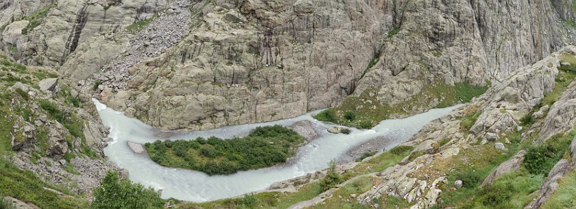 Trift Bridge Hike. Panoramic view into the Triftwasser gorge. Gadmen. .