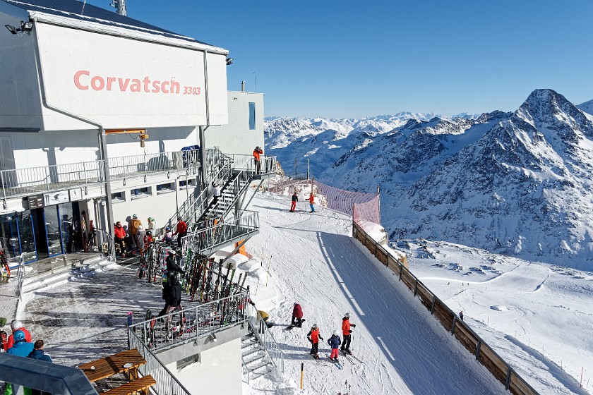 Skiing at the Corvatsch. Corvatsch mountain station. Sankt Moritz. .