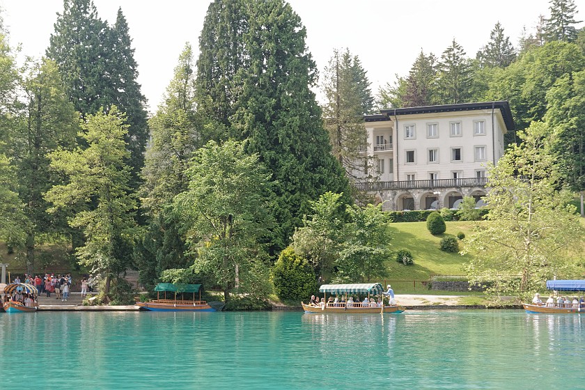 Lake Bled. Pletna boat mooring at the Vila Bled. Bled. .