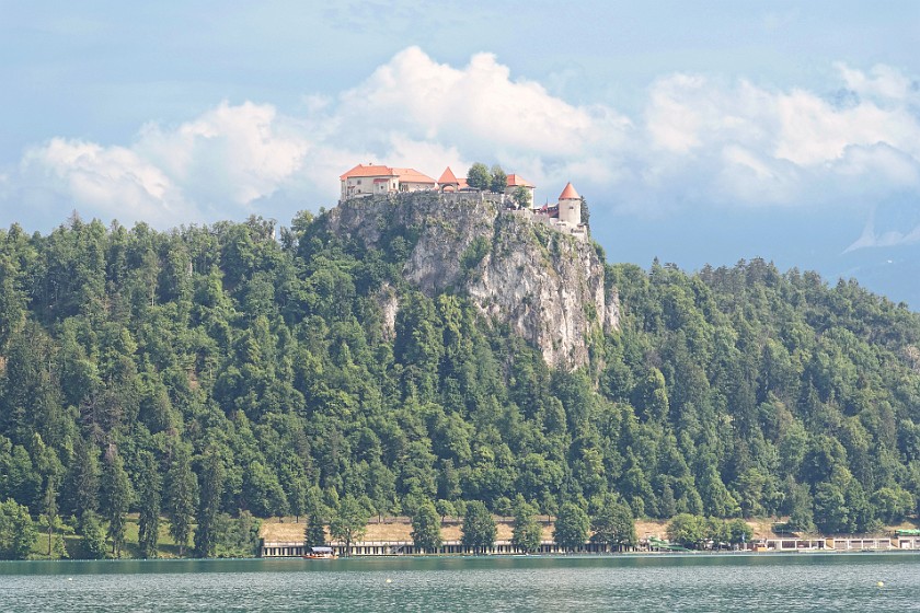 Lake Bled. View from Bled island on Bled castle. Bled. .