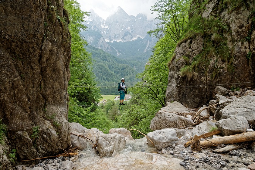 Via Ferrata Hvadnik. First steel cable crossing. Gozd Martuljek. .
