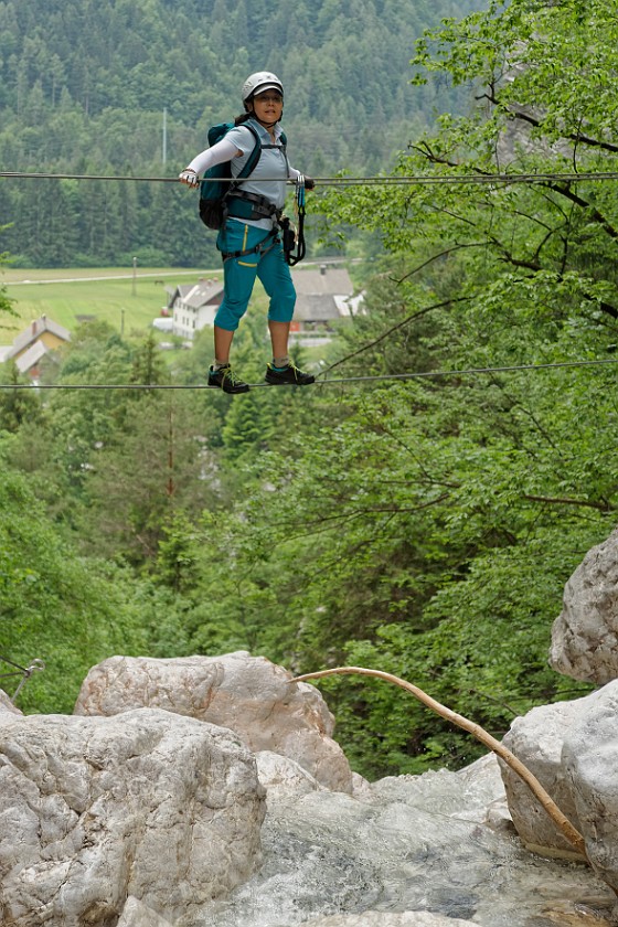 Via Ferrata Hvadnik. First steel cable crossing. Gozd Martuljek. .