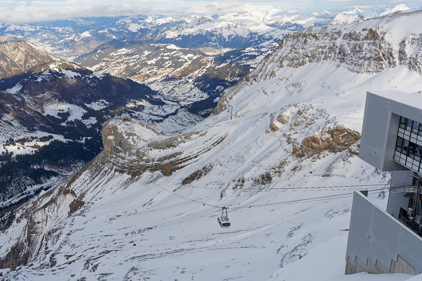 Skiing in the Glacier 3000 Area. Cable car to the Scex Rouge mountain station. near Ormont-Dessus. .