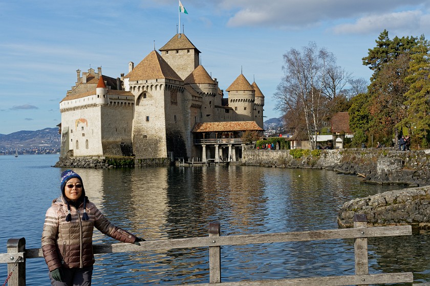 Chillon Castle. Portrait in front of the castle. Veytaux. .