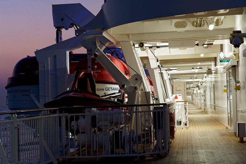 Norwegian Getaway. Deck and lifeboat. Mediterranean Sea. .