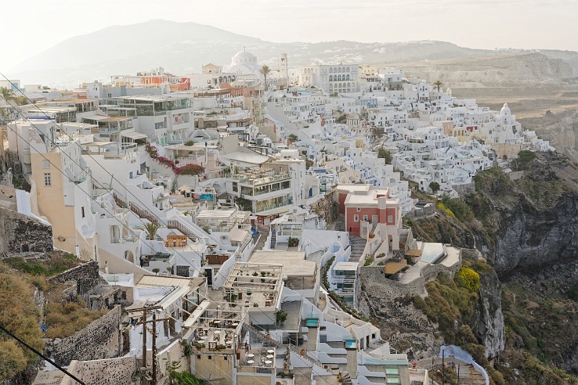 Fira, Santorini. Candlemas orthodox cathedral and Hotel Atlantis. Fira. .
