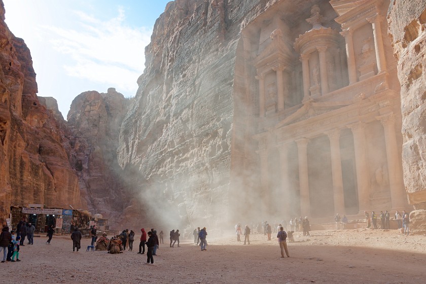 Petra. Dust storm in front of the Treasury. Wadi Musa. .