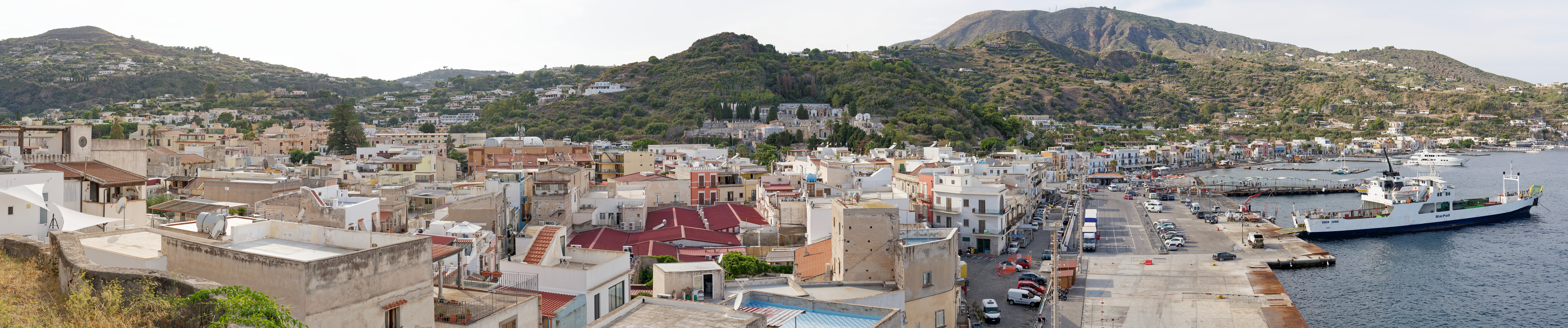 Lipari. Panoramic view of the Lipari harbor and city. Lipari. .