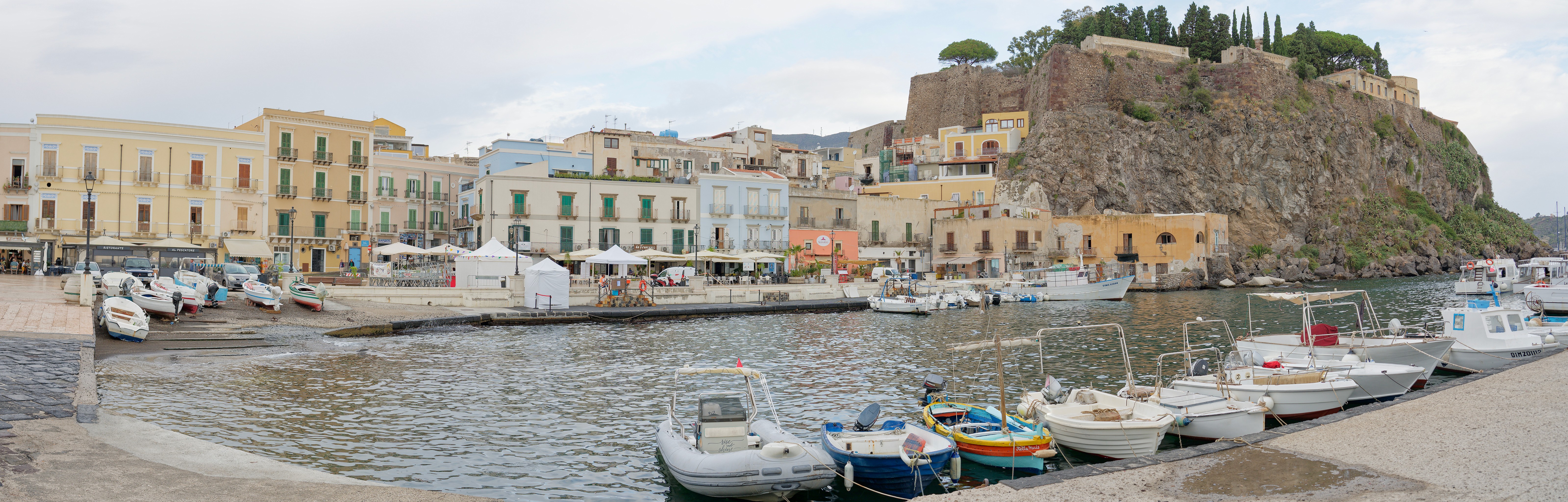 Lipari. Panoramic view of Marina Corta and Lipari castle. Lipari. .