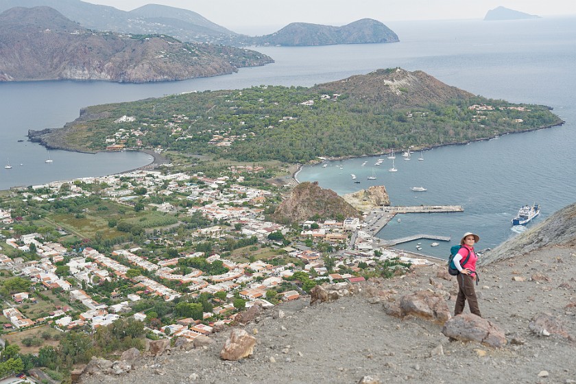 Hiking on Vulcano. View on Vulcano Porto and Vulcanello. Vulcano. .