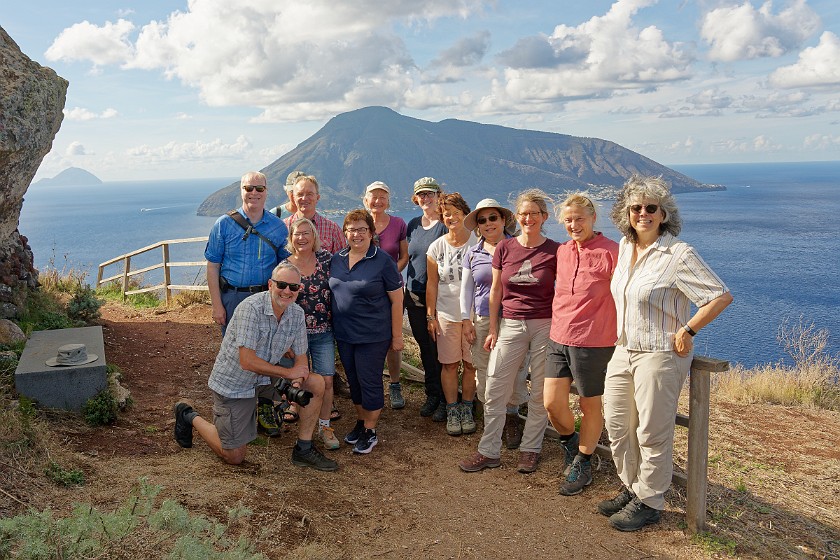 Hiking on Lipari. Tour group at the panoramic overlook of Quattropani. Lipari. .