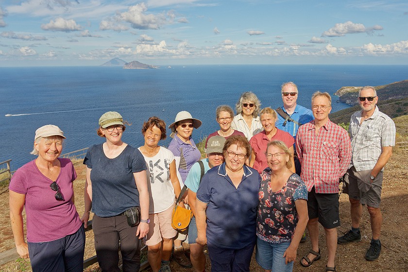 Hiking on Lipari. Tour group at the panoramic overlook of Quattropani. Lipari. .