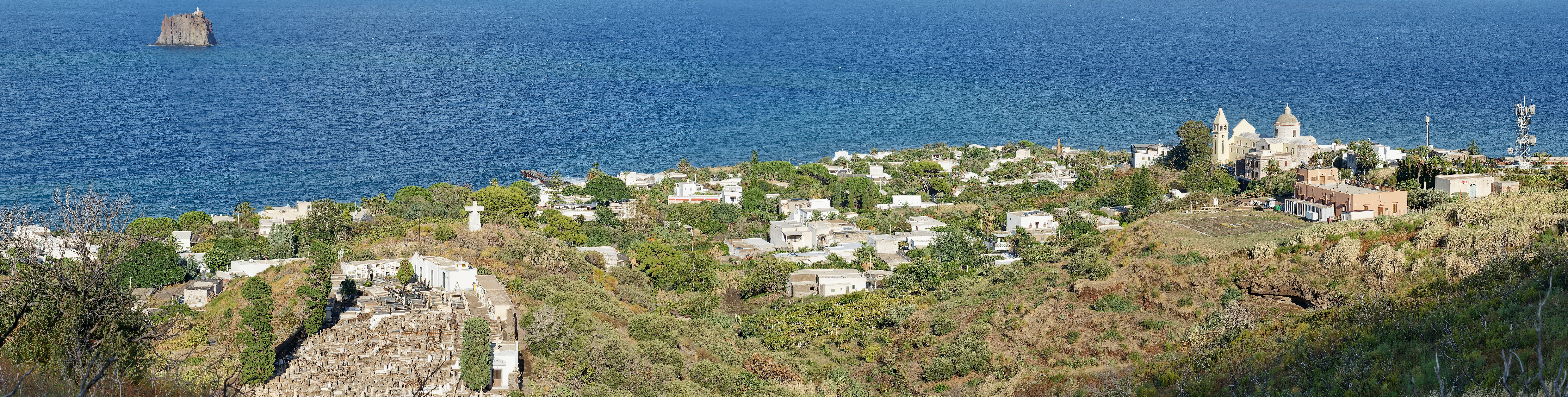 Hiking to the Stromboli Observation Platform. Panoramic view on San Vincenzo. Stromboli. .