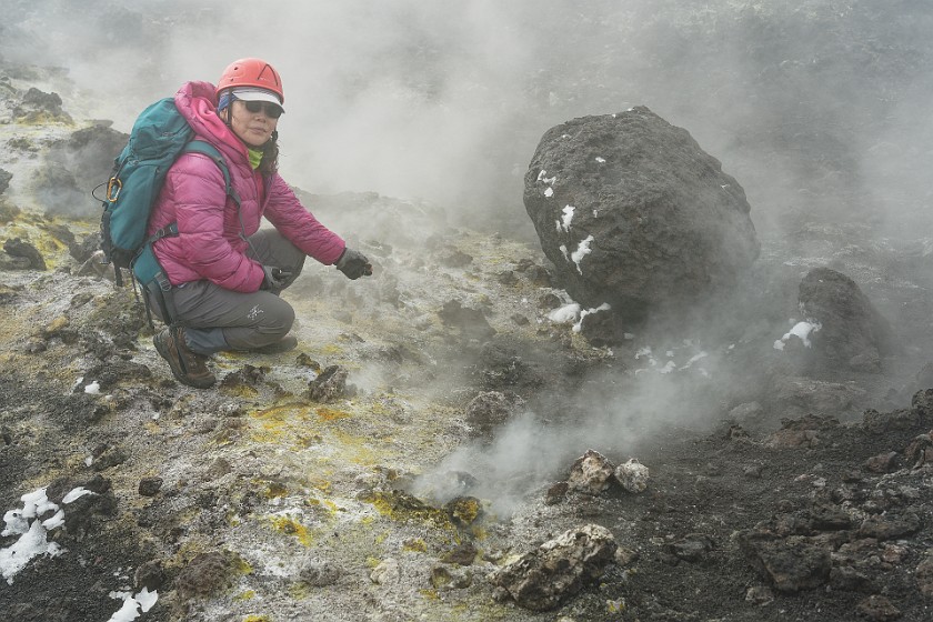 Hiking in the Etna North Area. Portrait on a fumarole. Linguaglossa. .