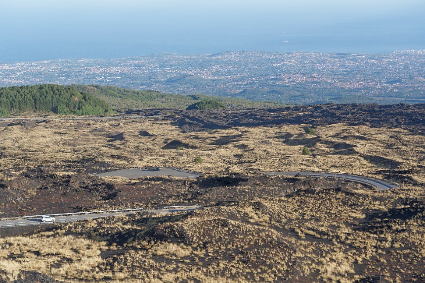 Hiking in the Etna South Area. View on lava fields to the south. Nicolosi. .