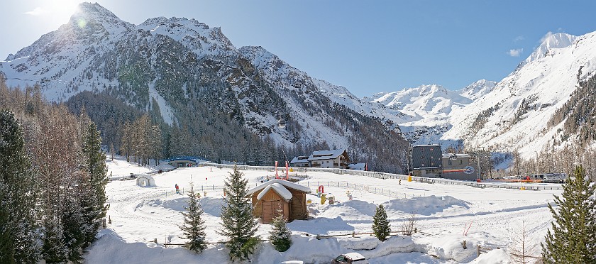 Skiing in Sulden at the Ortler. Panoramic view on the valley cable car stations of Sulden. Sulden. .