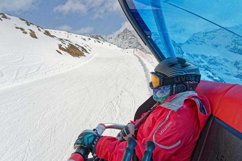 Skiing in Sulden at the Ortler. Portrait in the chairlift. Sulden. .