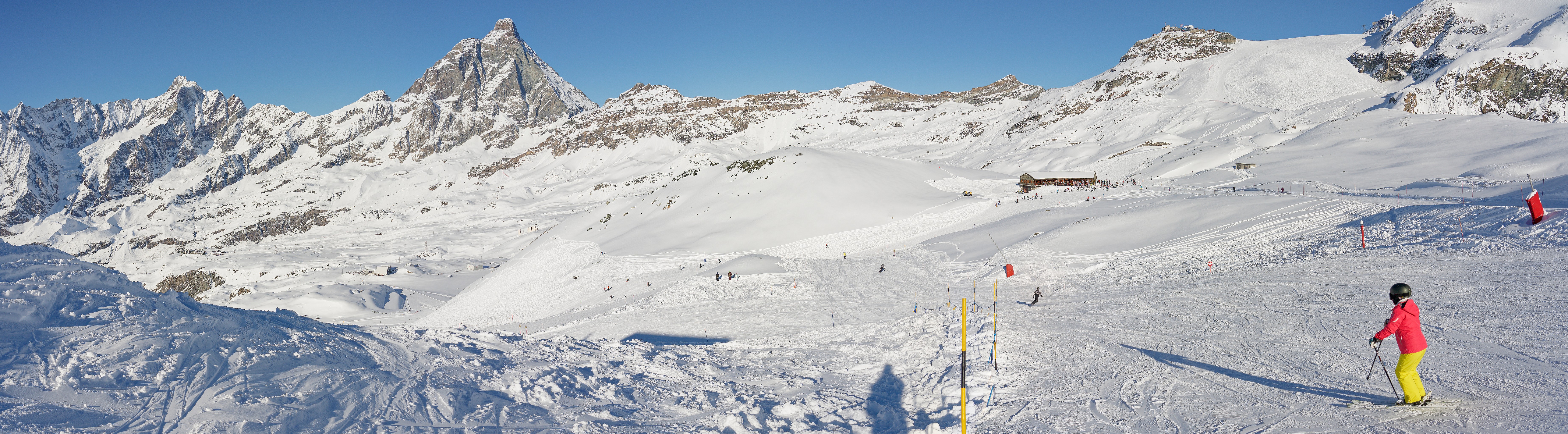 Skiing the Cervinia Area. Panoramic view on the Plan Maison station, Cime Bianche Laghi station, Matterhorn, Ventina restaurant and Testa Grigia station. near Cervinia. .
