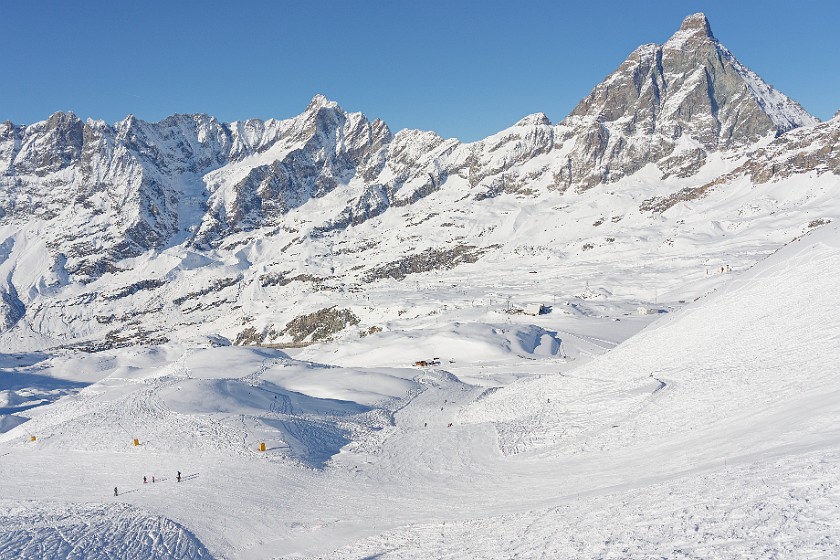 Skiing the Cervinia Area. View on Cervinia, Plan Maison station, Cime Bianche Laghi station and Matterhorn. near Cervinia. .