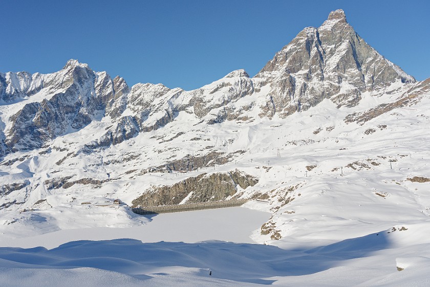 Skiing the Cervinia Area. View on the Plan Maison station, Lac de Goillet and Matterhorn. near Cervinia. .